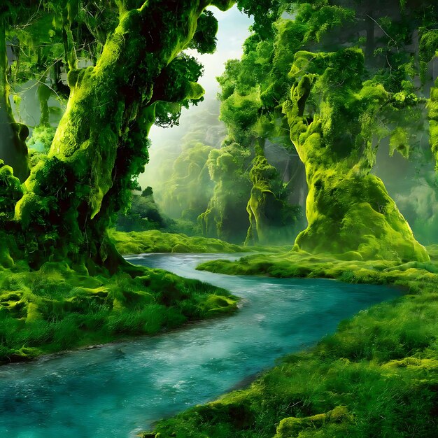 Zdjęcie las z drzewami z mechem i rzeką biegnącą przez niego