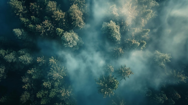 Las z mgłą i drzewami.