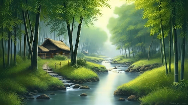 Las z rzeką i domem