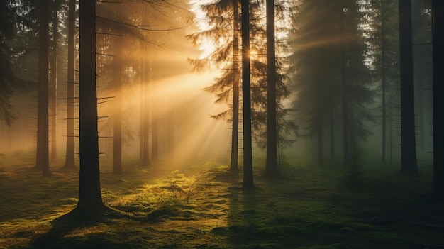 Las z sosnami i mgłą bajkowa atmosfera leśny krajobraz