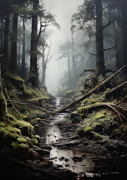 las z strumieniem biegnącym przez niego i ścieżką w środku lasu