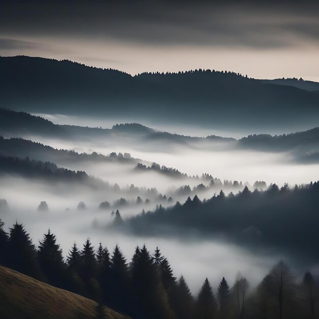 Zdjęcie las z znakiem mówiącym mgła na tle