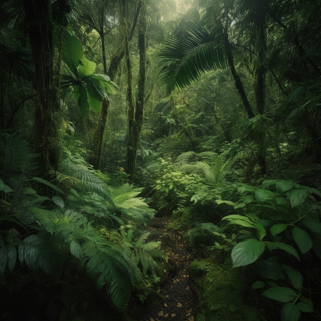 Zdjęcie las ze ścieżką, na której znajduje się roślina liściasta.