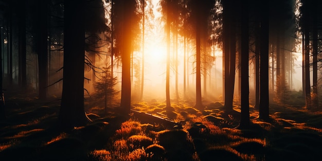 Zdjęcie las ze słońcem prześwitującym przez drzewa