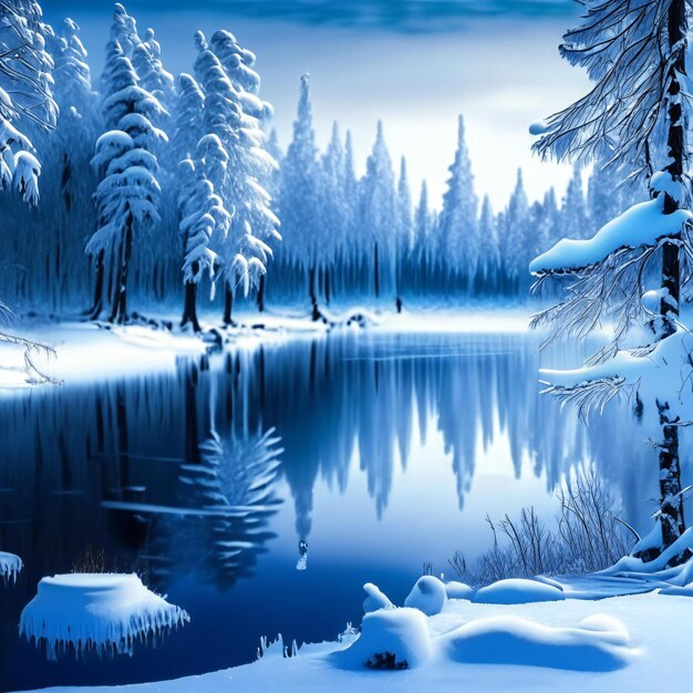 las ze śniegiem na ziemi i rzeką w tle.