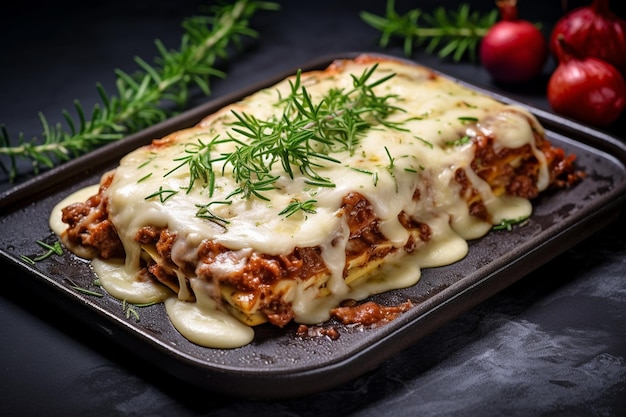 Lasagna z pieczonym mięsem na talerzu na czarnym kamieniu