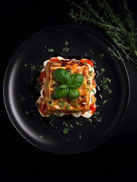 Lasagne na czarnym talerzu, widok z góry na zdjęcie w stylu restauracji