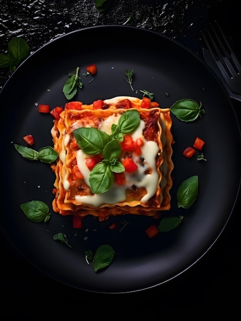 Lasagne na czarnym talerzu, widok z góry na zdjęcie w stylu restauracji