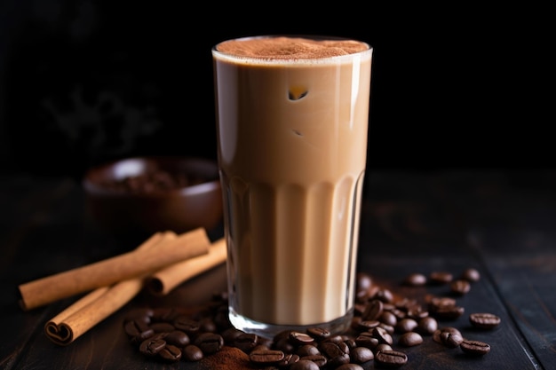 Laska cynamonu zanurzona w bogatym koktajlu kawowym