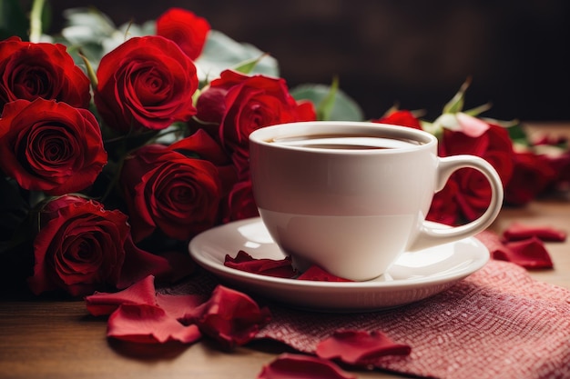 Łaska i błogosławieństwo Buket róż z filiżanką kawy na stole