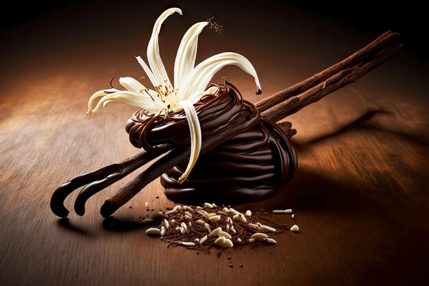 Zdjęcie laski suszonych lasek wanilii z białym niezwykłym kwiatem i kroplą czekolady