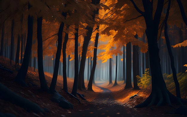 Lasowa ścieżka z pomarańczowymi liśćmi i żółtym światłem na ziemi.