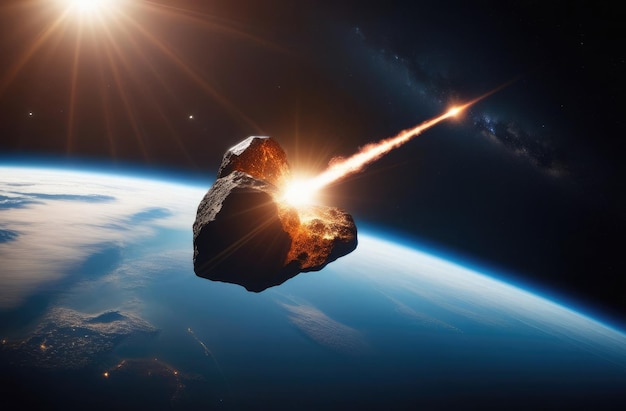 latająca kometa z ognistym ogonem wchodzi na orbitę planety Ziemi w kosmosie
