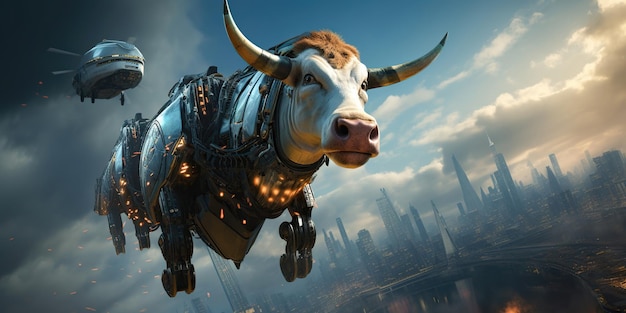 Latająca krowa szybuje po niebie, mieszając fantazję z zachwytem w zabawnym tańcu z chmurami AI Generacyjna AI