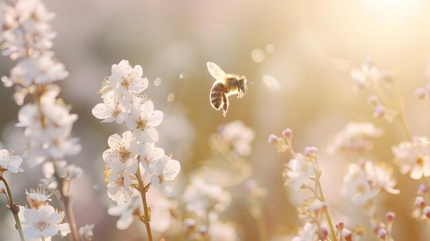 Latająca pszczoła zbierająca pyłek u kwiatu Pszczoła latająca nad kwiatem