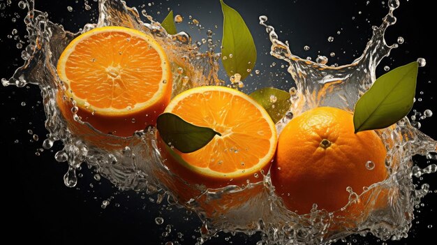 Latająca świeża pomarańcza spryskana wodą na czarnym tle i rozmycie