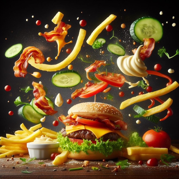 Zdjęcie latające kawałki hamburgera, sosy, frytki, warzywa, ketchup cheddar i majonez ilustracja