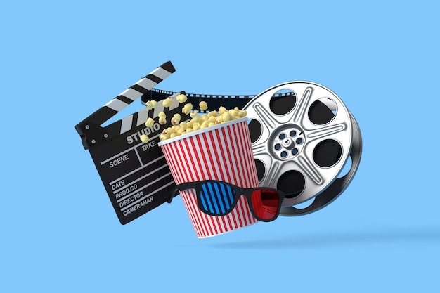 Latające okulary 3D z popcornem, rolka i klapa na niebieskim tle renderowania 3D