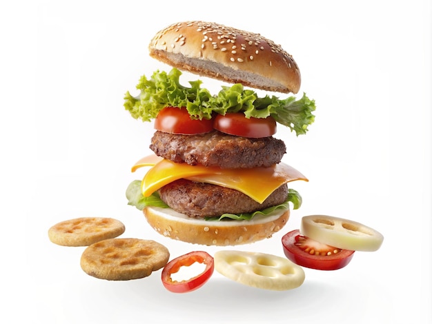 Latające składniki cheeseburgera, bułka sezamowa, pierścienie cebulowe, plasterki pomidorów na białym tle