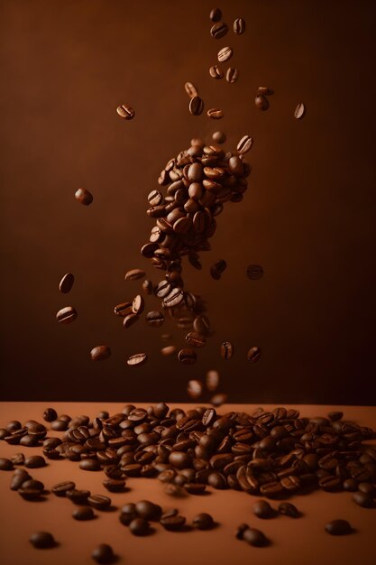 Latające spadające ziarna kawy na brązowym tle