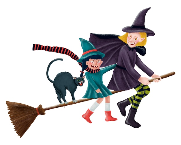 Latające wiedźmy png naklejka kot Halloween ilustracja przezroczysty tło