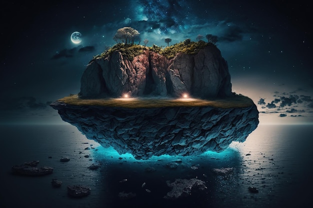 Latające wyspy skalne w krajobrazie nocnego nieba Ai art