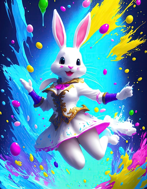 Latający biały królik wielkanocny dziewczyna na tle kolorowej kałuży z latającymi pisankami a