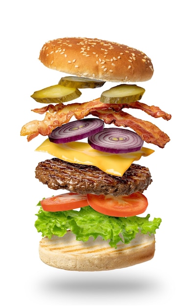 Latający burger na białym tle