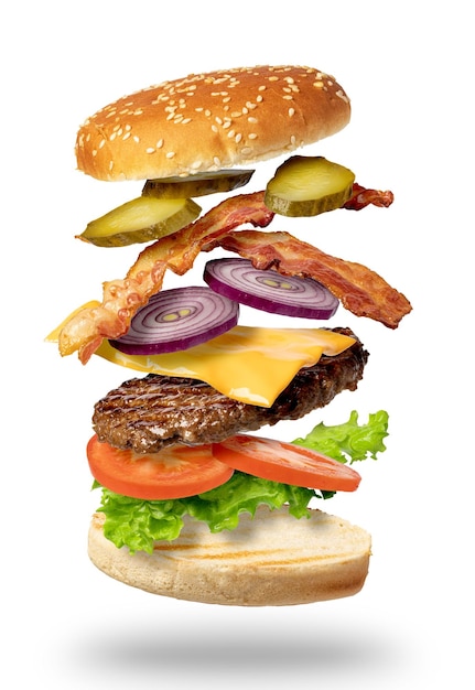 Latający burger na białym tle