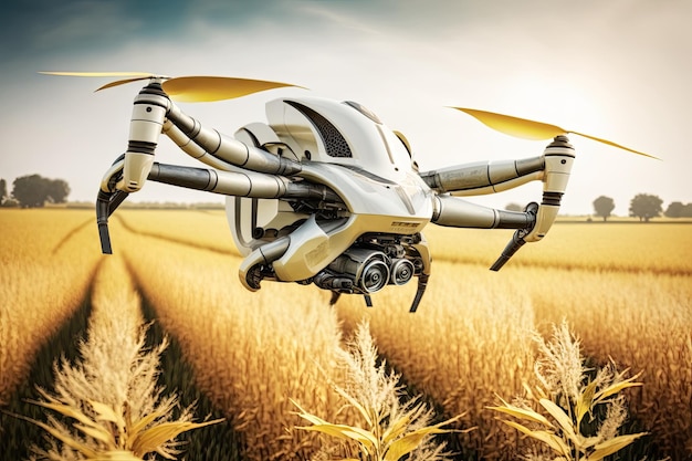 Latający dron agronom nad polem z dojrzałymi uprawami