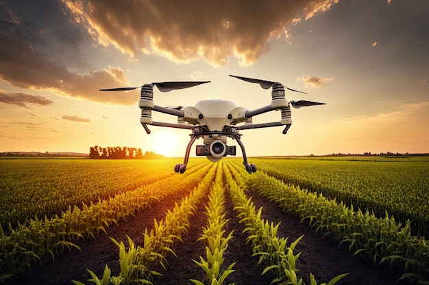 Latający dron agronom w gospodarstwie na tle pola z roślinami