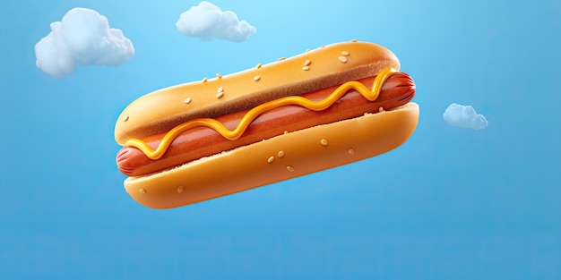 latający hot dog w stylu kreskówka na niebieskim tle