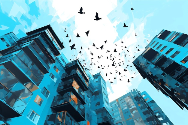 Latający lot budynku grupa miasta na świeżym powietrzu dzikie zwierzęta tło niebieskie stado ptaków