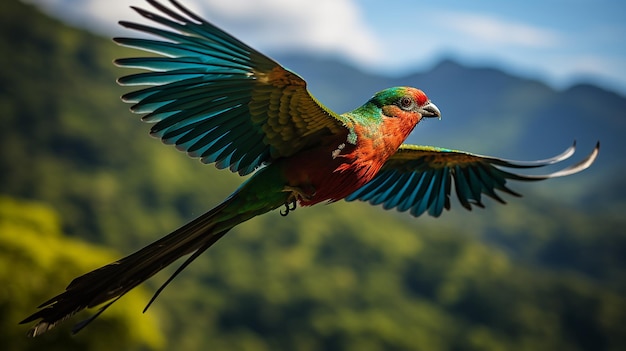Latający olśniewający quetzal Pharomacrus mocino Kostarykański surowy z zielonym lasowym tłem