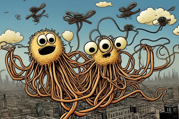Zdjęcie latający potwór z spaghetti atakuje miasto.