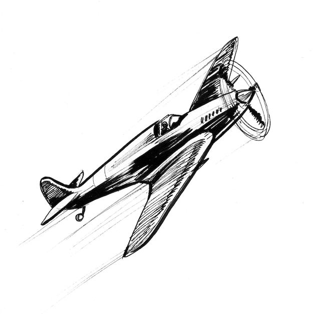 Latający samolot wojskowy. Czarno-biały rysunek tuszem