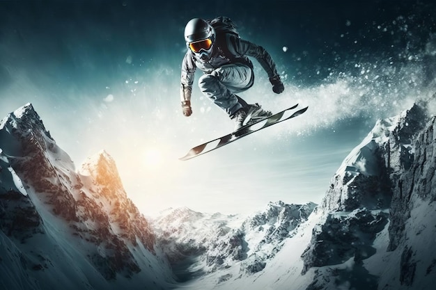 Latający snowboardzista w górach Ekstremalny sport zimowy Generacyjna sztuczna inteligencja