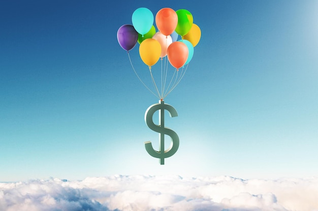 Latający symbol dolara na kolorowych balonach