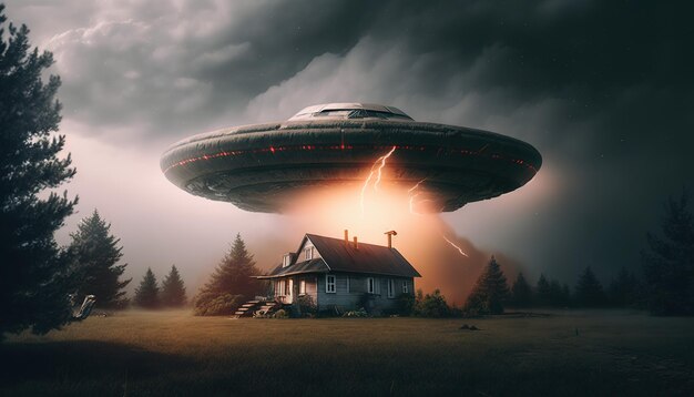 Latający talerz latający nad farmą w nocy Obcy statek w farmie Obcy UFO Niezidentyfikowany Generative Ai