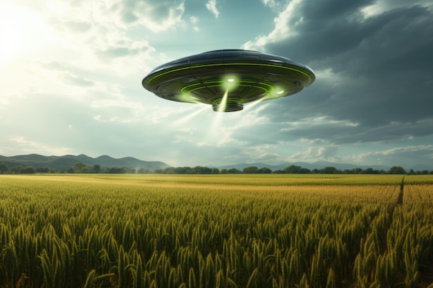 Latający talerz UFO nad zielonym polem pszenicy