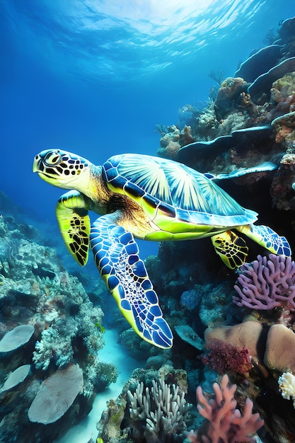 Latający żółw Żółw morski Żółw zielony pływający w oceanie Żółw szylkretowy Wygenerowane przez ai