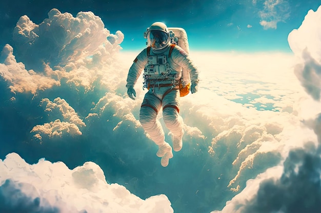 Latanie w atmosferze unoszącego się astronauty nad chmurami na planecie