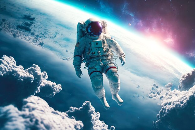 Latanie w atmosferze unoszącego się astronauty nad chmurami na planecie