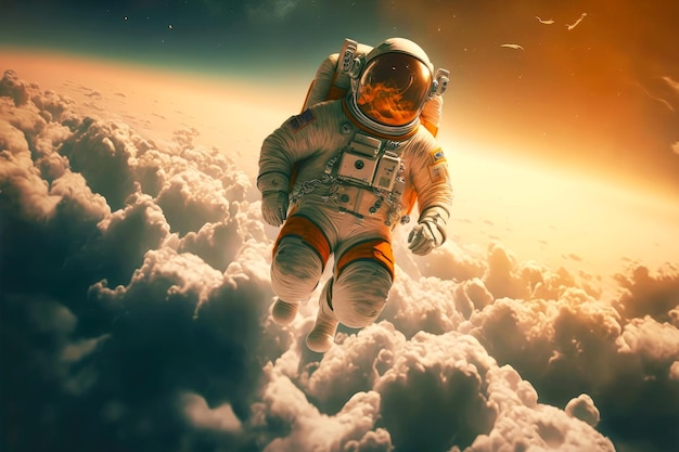 Latanie wśród chmur unoszący się astronauta w zewnętrznym e