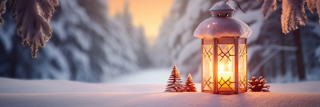 Latarnia bożonarodzeniowa na śnieżnym tle z gałęzią jodły i światłem słonecznym Pomysł na zimową dekorację domu