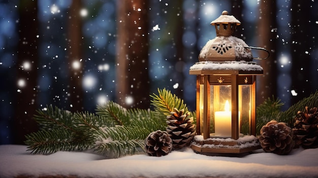 Zdjęcie latarnia bożonarodzeniowa śnieżne dekoracje ai wygenerowała świąteczną ilustrację tła na białym tle