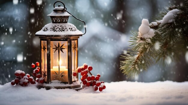Latarnia bożonarodzeniowa śnieżne dekoracje ai wygenerowała świąteczną ilustrację tła na białym tle