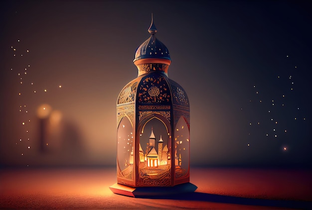 Latarnia festiwalu Ramadan i rekwizyty na tle podłogi Koncepcja kultury i religii Ilustracja cyfrowa Generative AI