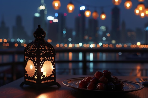 Latarnia i tabliczka dat na tle nocnego nieba i miasta Bokeh Ramadan Mubarak