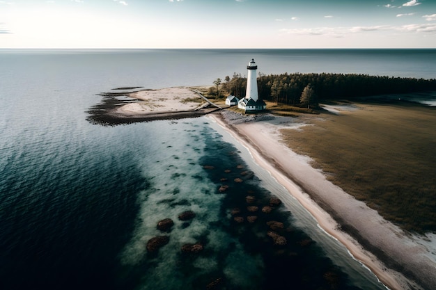 Latarnia morska na plaży z błękitnym niebem i morzem w tle.